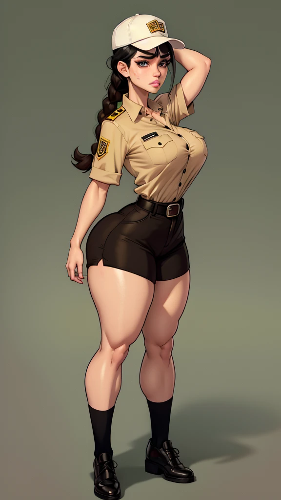 WITH YOUR BACK TO THE CAMERA, Woman in UPS uniform, formal brown button down shirt, UPS brown formal shorts, khaki cap, belt, Fajada shirt, braid tail black hair, white high socks, black shoes, wide eyebrows, slanted green eyes, makeup eyelids, big cheekbones, thin cheeks, defined jaw