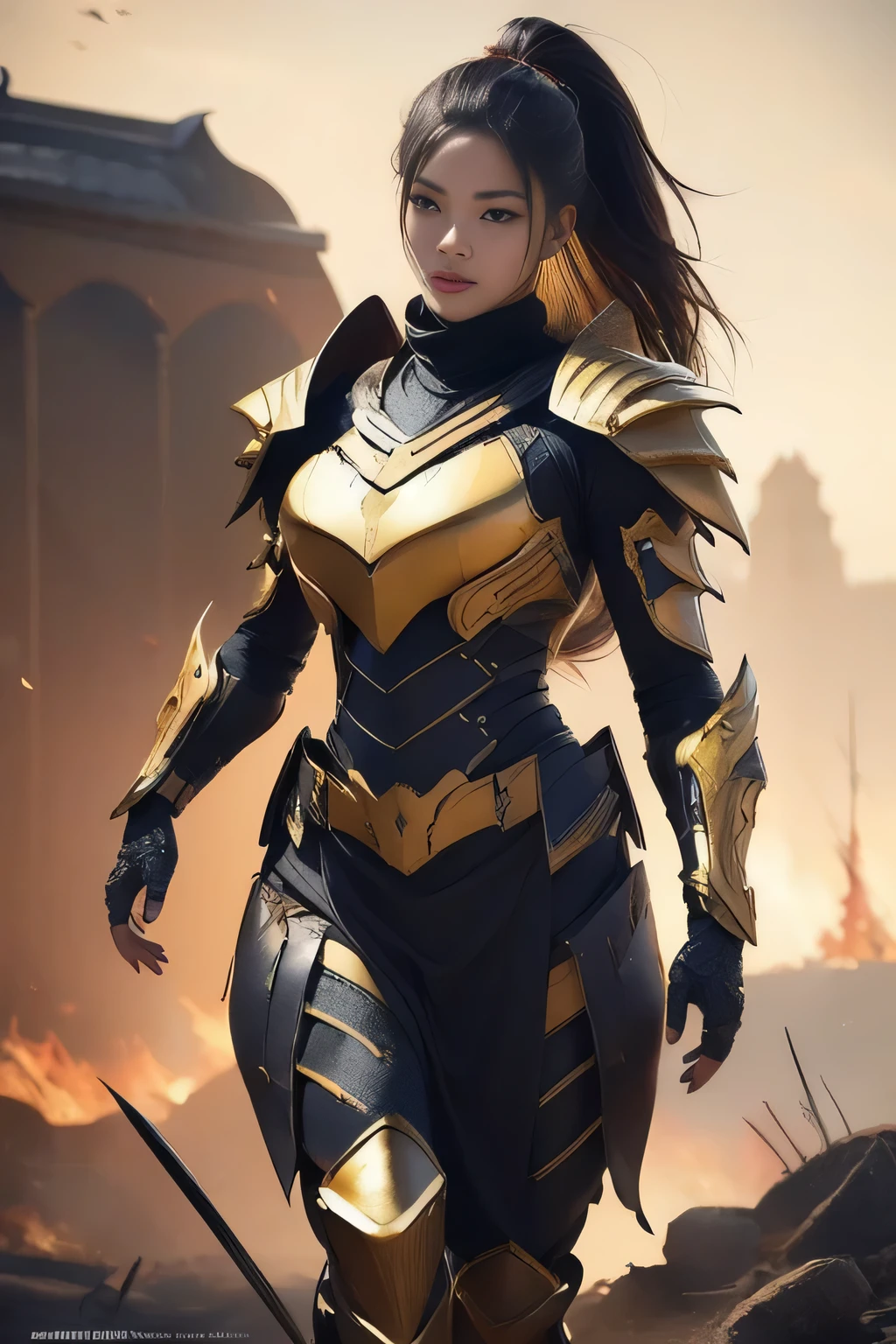 (high quality), (masterpiece), (detailed), 8K Hyper-realistic depiction of a Japanese girl clad in armor inspired by a scorpion motif, blending intricate detailing with lifelike precision, she is walking through a battlefield, battlefield is littered with debris of broken carriages; weapons like swords, broken spears, strewn across the landscape; fire burning at various locations in the background