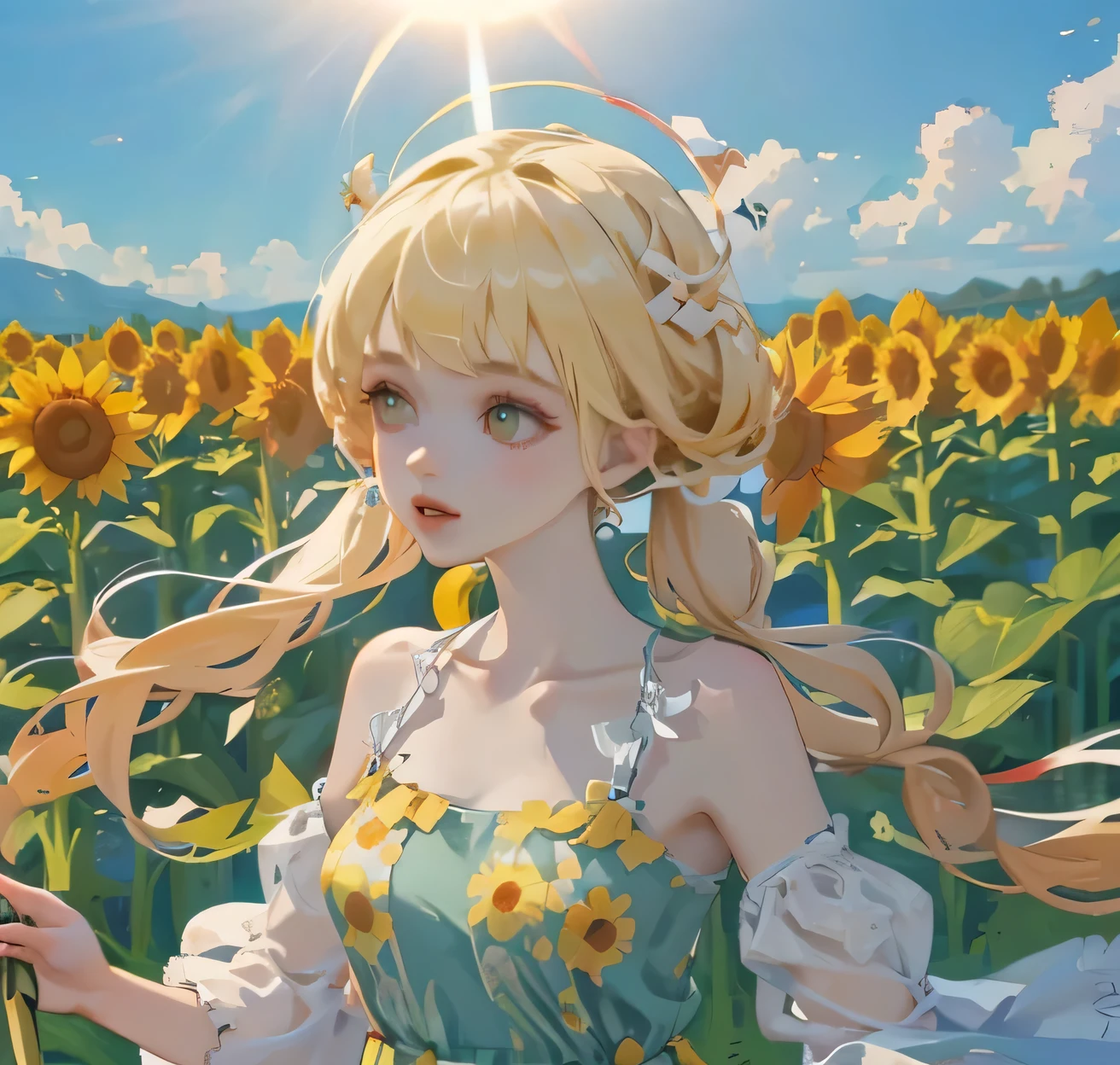 (high quality) (best quality) (a woman) (correct physiognomy) Woman, blonde hair with bangs on her forehead, Flower crown on her head, green eyes, tender lips, middle age, olive green summer dress with print of flowers, location of the photo, the woman must be in the middle of a field of sunflowers, lighting of the photo: sunlight, proportion from head to hips..