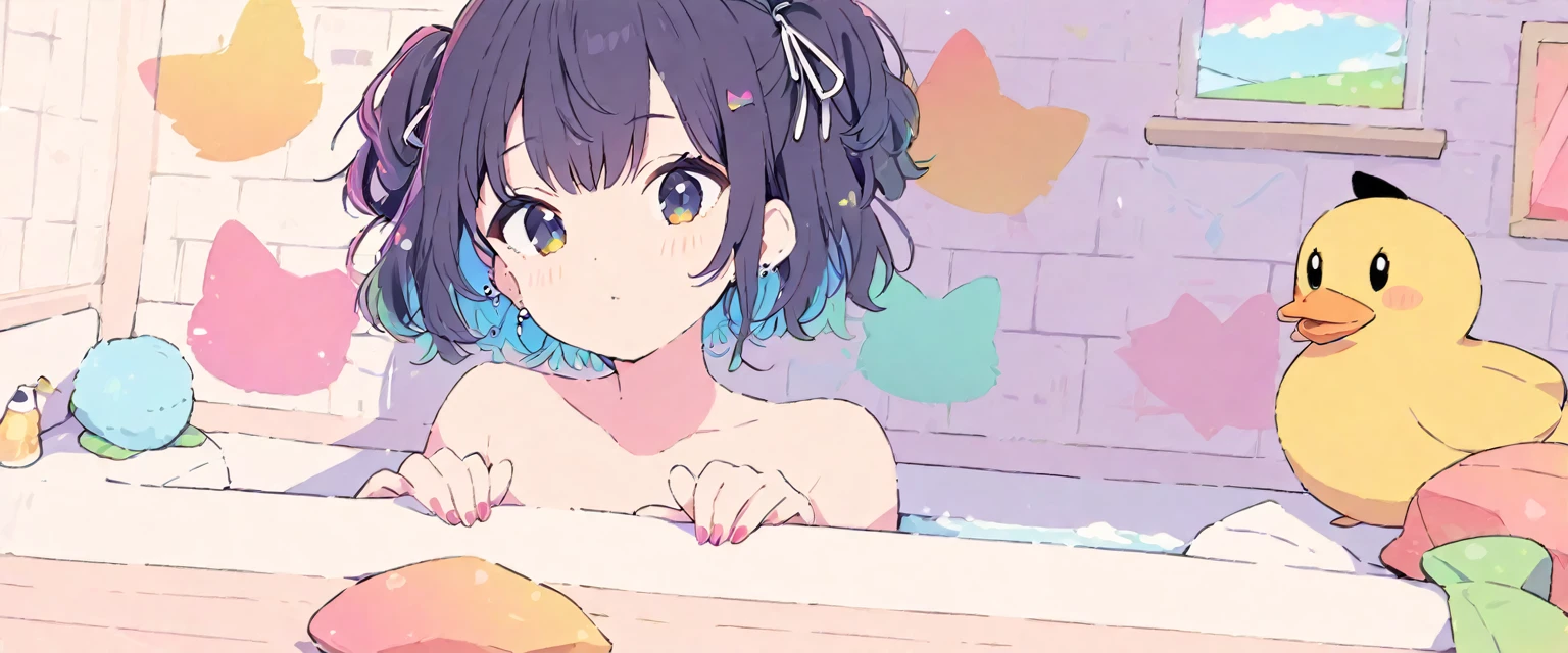 koseki-bijou/(Hololive/),(Flat Color:1.1), (colorful:1.3), (masterpiece:1.2), Highest quality, masterpiece, original, Highly detailed wallpaper, View your viewers, One girl, alone, Enter the bathhouse、Soak in the bathtub、Mount Fuji painting、Duck Toy、Cat ear、Black Hair、Hanging eyes、dog