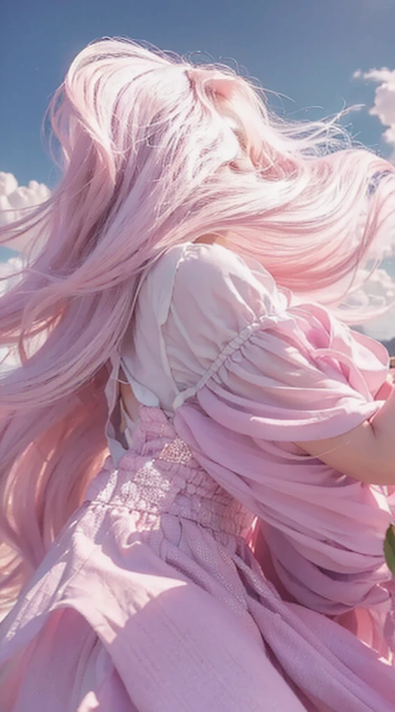 high qulity，4K，detailed detail，Dreamy，hyper realisitc，Up and down opposites，Parallel worlds，Girls fall from the sky，long  white hair，Vertical descent，Keep quiet，Girl in the Clouds，Pink light and shadow，ตากลมสวย, 