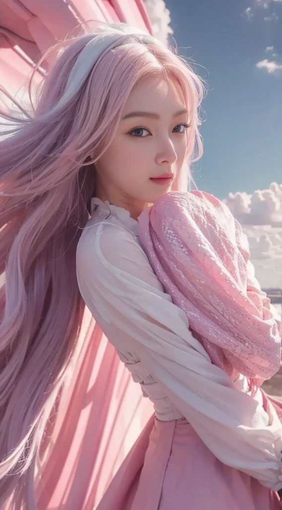 high qulity，4K，detailed detail，Dreamy，hyper realisitc，Up and down opposites，Parallel worlds，Girls fall from the sky，long  white hair，Vertical descent，Keep quiet，Girl in the Clouds，Pink light and shadow，ตากลมสวย, 