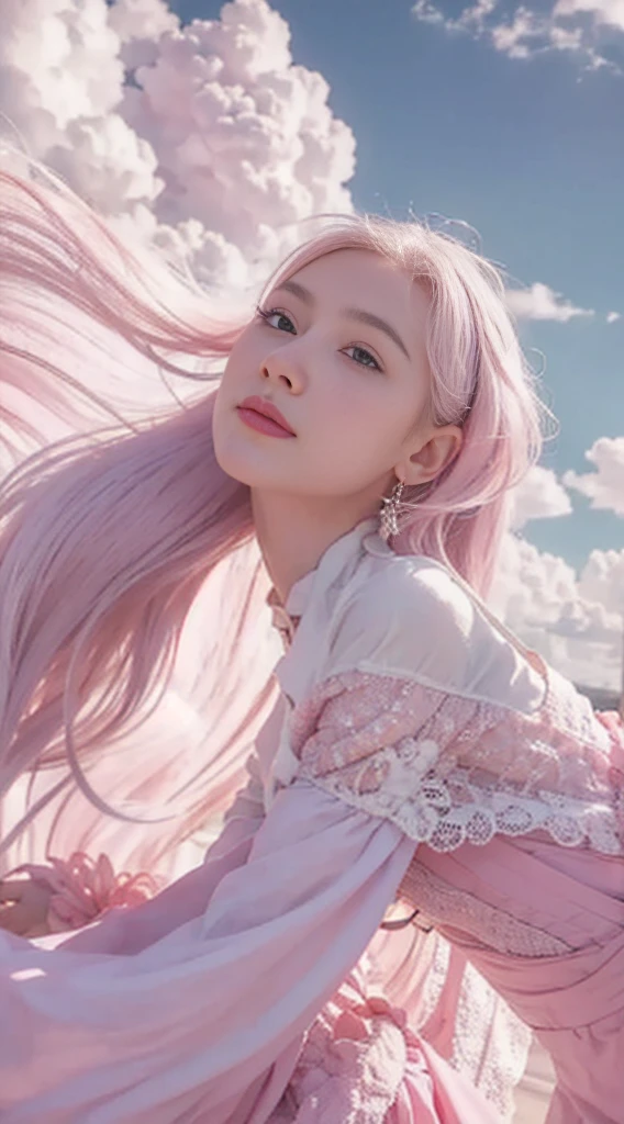 high qulity，4K，detailed detail，Dreamy，hyper realisitc，Up and down opposites，Parallel worlds，Girls fall from the sky，long  white hair，Vertical descent，Keep quiet，Girl in the Clouds，Pink light and shadow，ตากลมสวย, 