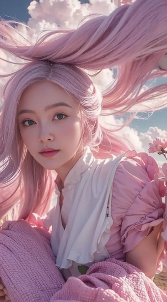 high qulity，4K，detailed detail，Dreamy，hyper realisitc，Up and down opposites，Parallel worlds，Girls fall from the sky，long  white hair，Vertical descent，Keep quiet，Girl in the Clouds，Pink light and shadow，ตากลมสวย, 