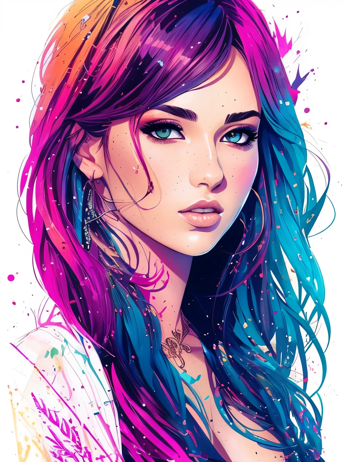An ultra hot gorgeous European woman. Age 23. sexy girl, key visual, intricate, highly detailed, breathtaking beauty, precise lineart, vibrant, comprehensive cinematic, Carne Griffiths, Conrad Roset, full body view, ((big tits))