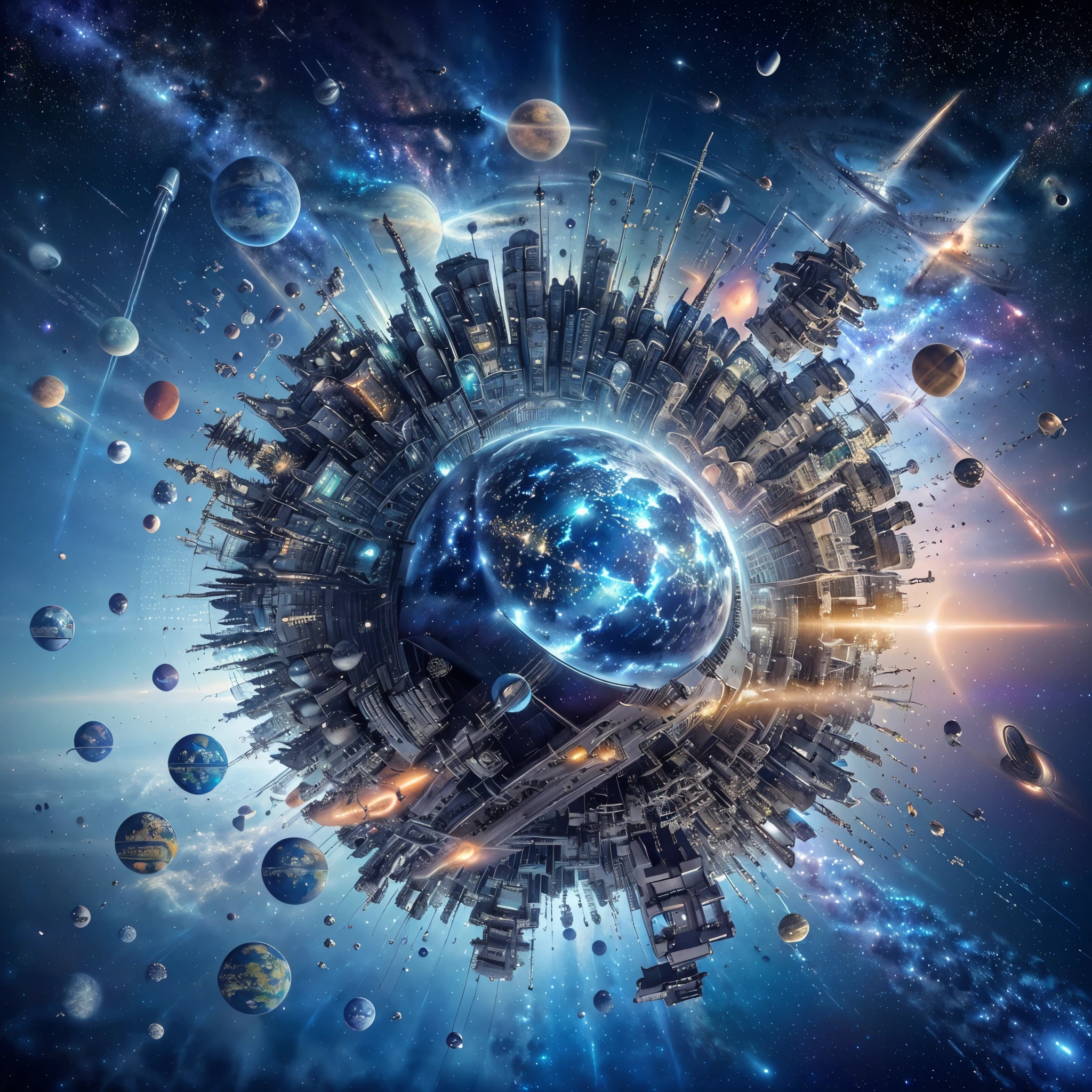 a close up of a city with a lot of space and planets, science fiction digital art, futuristic world, sci-fi digital art, the multiverse, planetary city, sci-fi fantasy wallpaper, surrealistic digital artwork, in the multiverse, multiverse, intricate futurism, empyrean city, futuristic digital art, surreal space, sci fi artwork