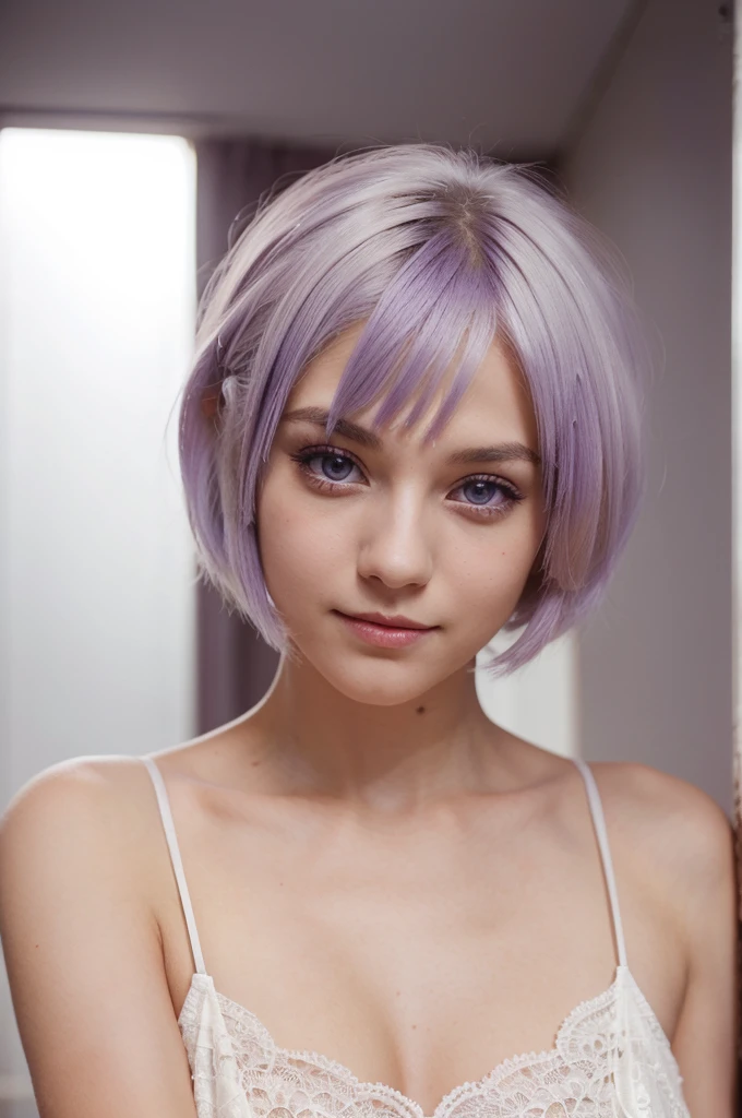 A beautiful girl with short white hair, bright purple eyes is posing cutely
