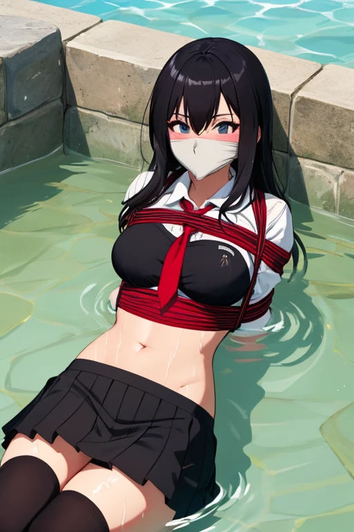 1 girl, detailed blue eyes, lange wimpern, detailed beautiful face, (Long black hair:1.4), (arms behind back:1.6), gefesselte Arme, Red rope, blushing, (Big boobs:1.2), (weißes Hemd mit schwarzer krawatte, black skirt, black Long socks, school girl, 18 jears old:1.6), OTN, Gag, gagged, shibari, liegend im wasser, nah aufnahmen, wet clothes, laying in beaxh water