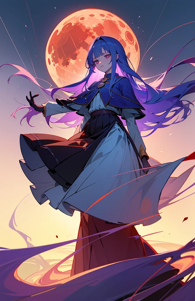 (woman\(Magical girl, Purple long skirt, Long flowing blue hair, Red pupils, Pale skin, Shy face,Shy-eyed), (Magic elements floating in the air),night,There is a blood moon at noon in the sky,quality\(8K,Extremely detailed CG unit wallpaper, masterpiece,high resolution,top-quality,top-quality real texture skin,Surrealism,提high resolution,original photo,Best quality,Very detailed,light,Ray Tracing,Golden Ratio\)