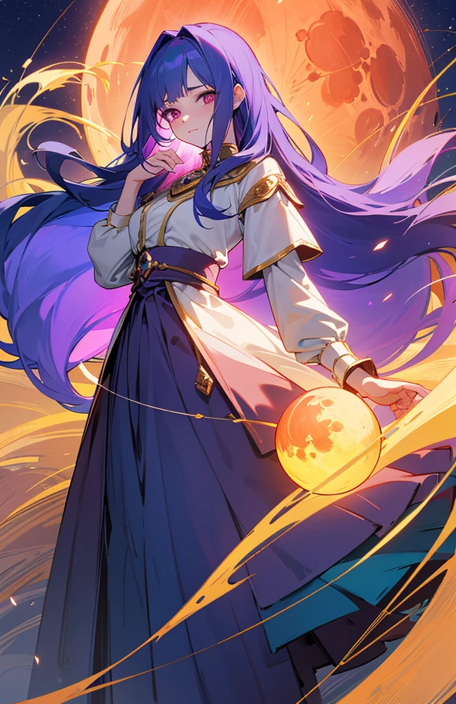 (woman\(Magical girl, Purple long skirt, Long flowing blue hair, Red pupils, Pale skin, Shy face,Shy-eyed), (Magic elements floating in the air),night，There is a blood moon at noon in the sky,quality\(8K,Extremely detailed CG unit wallpaper, masterpiece,high resolution,top-quality,top-quality real texture skin,Surrealism,提high resolution,original photo,Best quality,Very detailed,light,Ray Tracing,Golden Ratio\)