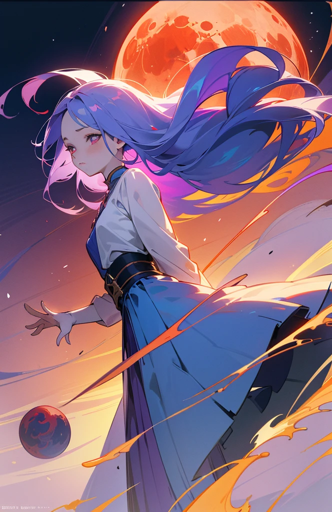 (woman\(Magical girl, Purple long skirt, Long flowing blue hair, Red pupils, Pale skin, Shy face,Shy-eyed), (Magic elements floating in the air),night，There is a blood moon at noon in the sky,quality\(8K,Extremely detailed CG unit wallpaper, masterpiece,high resolution,top-quality,top-quality real texture skin,Surrealism,提high resolution,original photo,Best quality,Very detailed,light,Ray Tracing,Golden Ratio\)