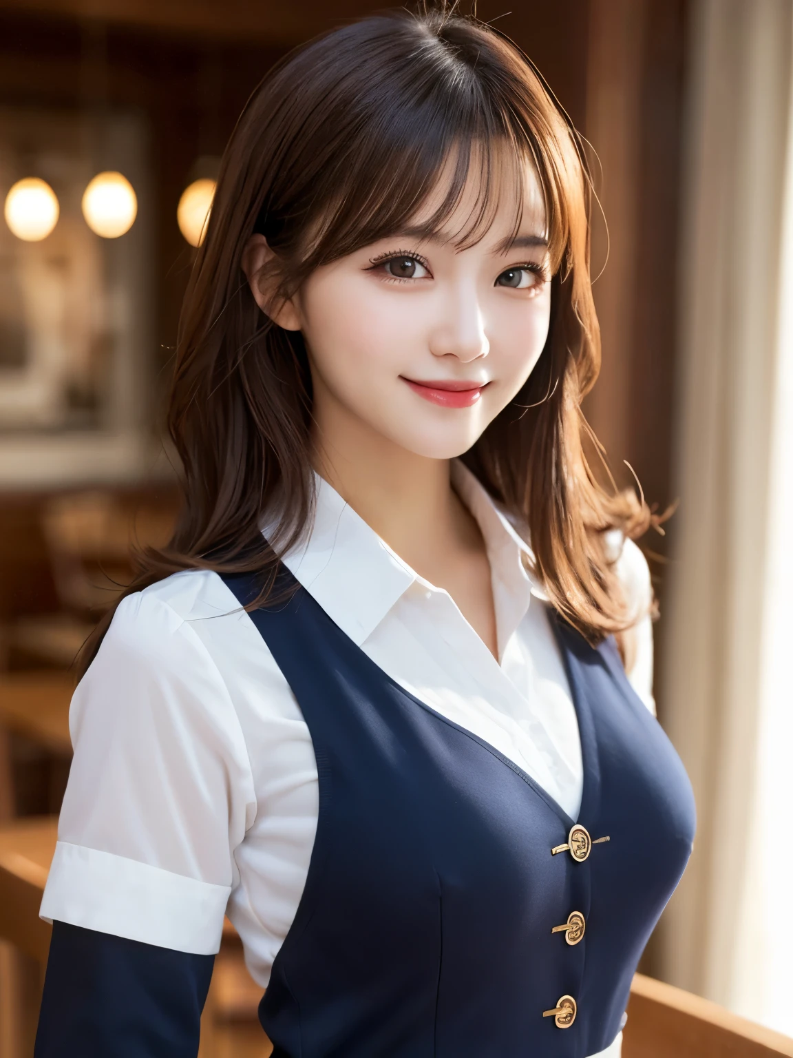 Tabletop, Highest quality, shape, Very detailed, In detail, High resolution, 8k wallpaper, Perfect dynamic composition, Beautiful details, White Magic Academy Uniform, Natural Lip, Big Breasts, Exposing the breasts,Asymmetrical Wave Hairstyle, smile