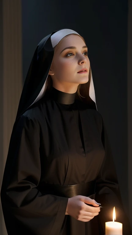 a woman in a nun outfit holding a candle in a dark room, nun fashion model, nun, nun outfit, annasophia robb as joan of arc, an evil nun, nun fashion model looking up, still from a live action movie, karol bak of emma watson nun, woman in black robes, still from the movie, shot from movie, vampire nun