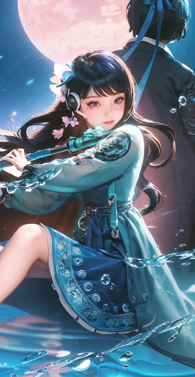 masterpiece, 4k, Bokeh, beautiful face, (multiple girls:1.4), Harem, (group photo:1.2), (Cat ear:1.3), (blue medium bob hair:1.4), (blue theme:1.6), looking at the viewer, Blue cherry blossom, cowboy shot, (blue cafe background:1.5),