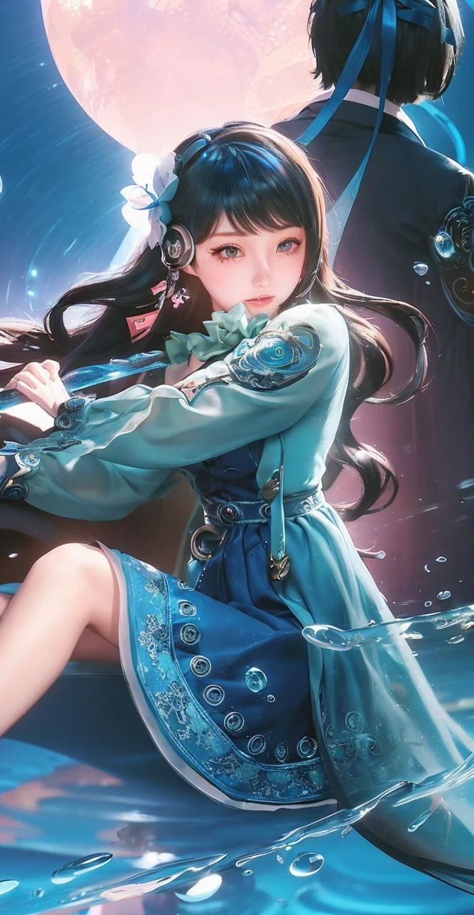masterpiece, 4k, Bokeh, beautiful face, (multiple girls:1.4), Harem, (group photo:1.2), (Cat ear:1.3), (blue medium bob hair:1.4), (blue theme:1.6), looking at the viewer, Blue cherry blossom, cowboy shot, (blue cafe background:1.5),