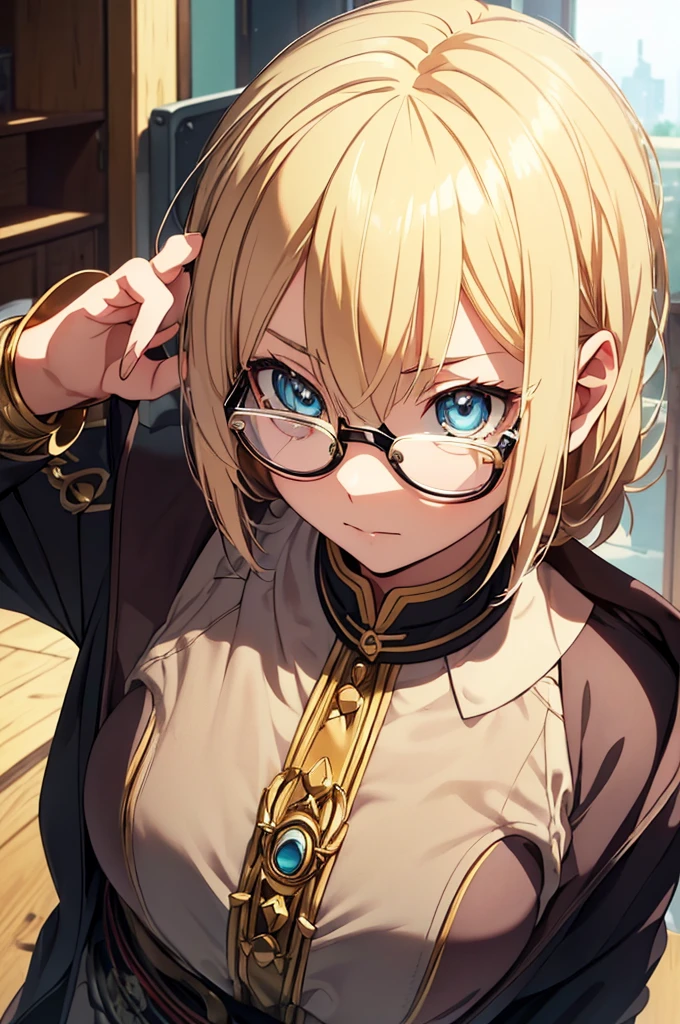 Blonde, Round Glasses, cool, (Gear Accessories), anime, beautiful, masterpiece, Highest quality, (1maleの子:1.5), (Shining Eyes:1.3), (Beautifully detailed eyes:1.1)、[[Delicate fingers and hands:0.55]::0.85], (Detailed reference),male, maleらしく, male, (Not as it really is), (bad)