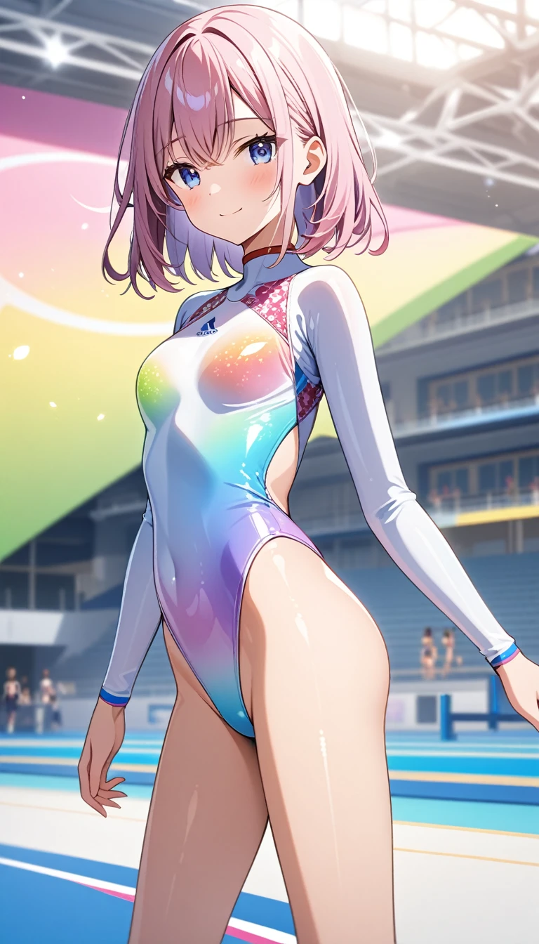 highquality illustration, masterpiece, very delicate and beautiful, attractive girl,(gymnastics leotard, Floral patterns leotard,long sleeve leotard with glittery decoration,high_leg leotard,athletic leotard,tight-fit leotard,iridescent gradient leotard),thin,slender body,slim,high school,gymnasium background,gymnastics club,gymnastics athlete,princess, beautiful eyes,light smile,(masterpiece, best quality:1.2), highres, extremely detailed CG unity 8k wallpaper, perfect lighting, Colourful, ultra-high res,4K,ultra-detailed, photography, 8K, HDR, 17 ages, 