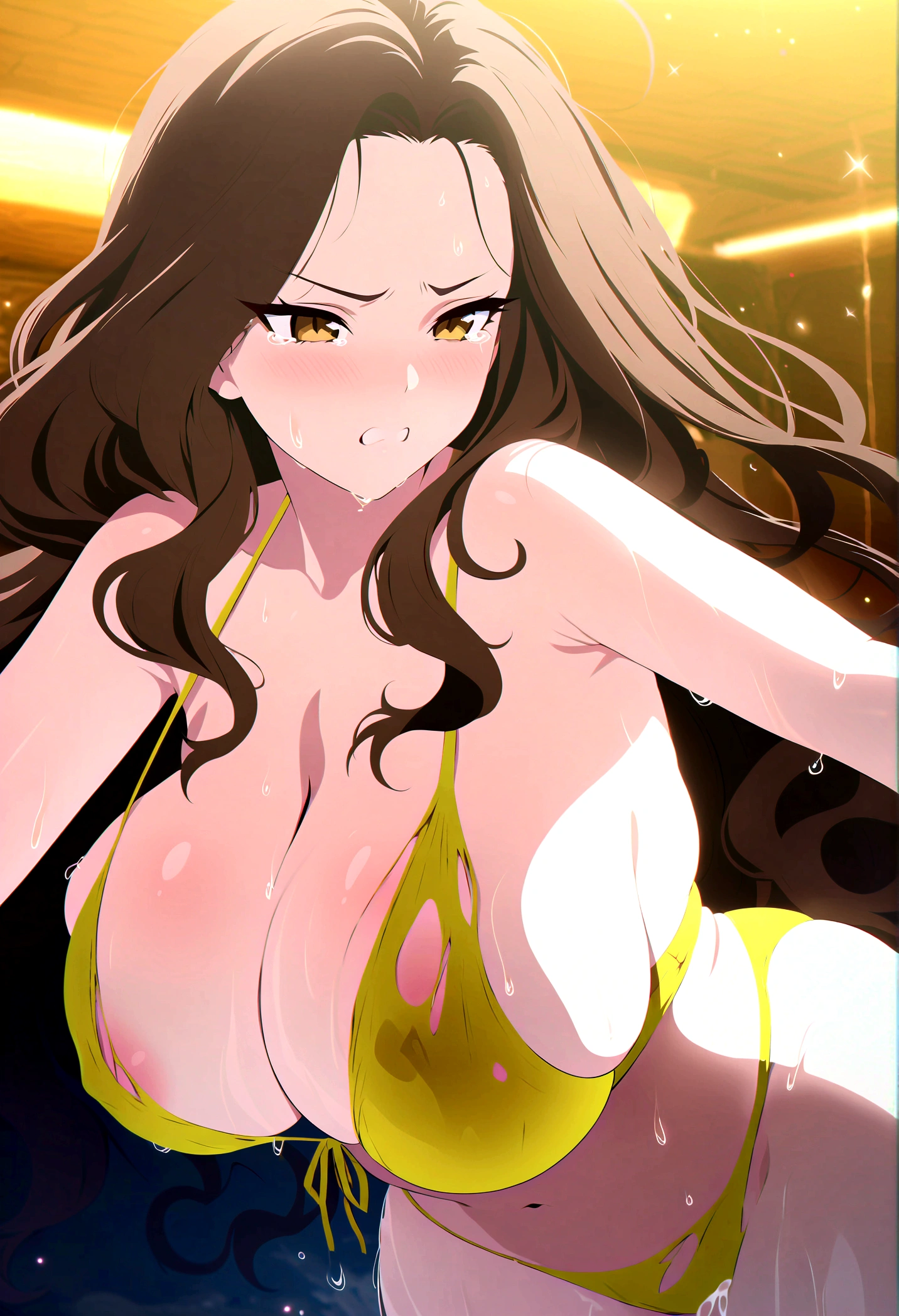 (sex, gangbang),NSFW,best quality, female, streaming tears, glamorous, voluptuous, curvy, forehead, long wavy brown hair ,yellow swimsuit,torn swimsuit,scowl