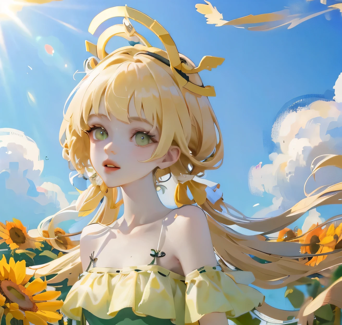 (high quality) (best quality) (a woman) (correct physiognomy) Woman, blonde hair with bangs on her forehead, Flower crown on her head, green eyes, tender lips, middle age, olive green summer dress with print of flowers, location of the photo, the woman must be in the middle of a field of sunflowers, lighting of the photo: sunlight, proportion from head to hips..