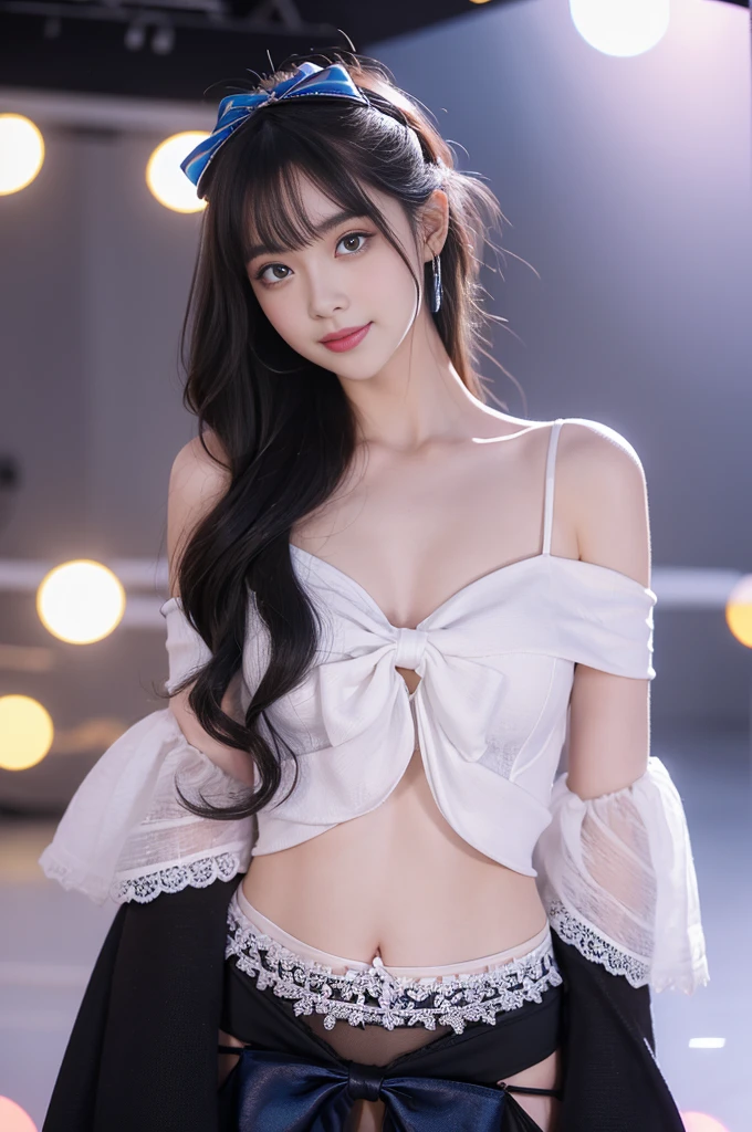 girl，single，Long hair，Looking at the audience，Bangs，blue eyes，Bow，Ribbon，whole body，Black hair，Bow，Low-cut clothing，Off-shoulder clothing，Lips，eyelash，蓝Bow，白Bow，Lace，curls，lifelike，Smiling，Transparent Clothes，Colorful particles，Large Breasts，