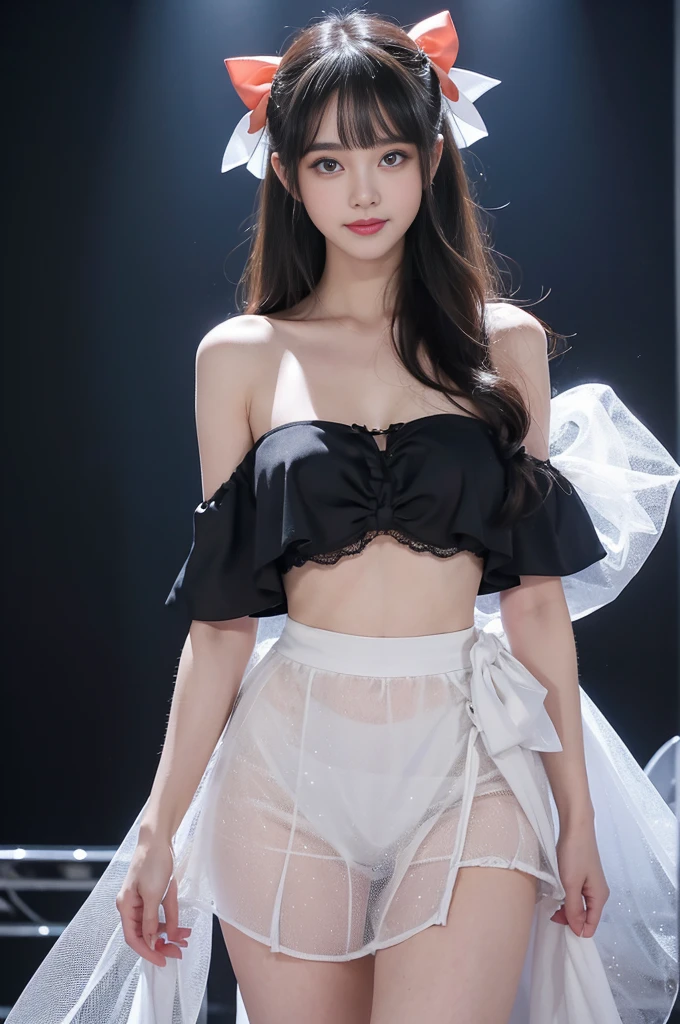 girl，single，Long hair，Looking at the audience，Bangs，blue eyes，Bow，Ribbon，whole body，Black hair，Bow，Low-cut clothing，Off-shoulder clothing，Lips，eyelash，蓝Bow，白Bow，Lace，curls，lifelike，Smiling，Transparent Clothes，Colorful particles，Large Breasts，