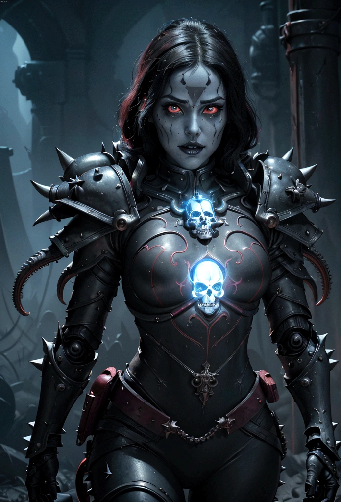 a gorgeous adepta sororitas from the movie tron, glowing skull armor, spikes, teeth, monster, dirty tentacles, pus pimples, cracked truenurgle, detailed face and eyes, beautiful lips, extremely detailed, 1girl, oil painting, concept art, dark fantasy, cinematic lighting, dramatic shadows, vibrant colors, moody atmosphere, hyper detailed, 8k, photorealistic
