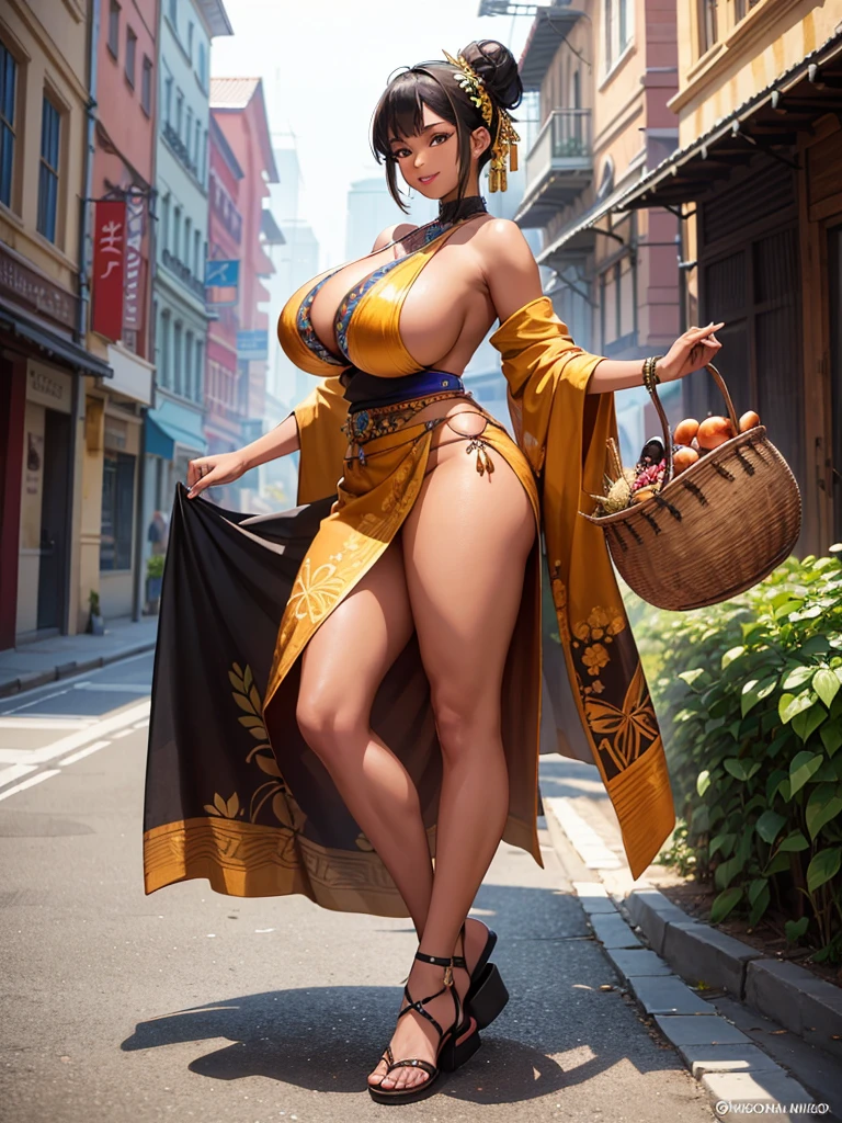 Masterpiece, top quality, best quality, official art, beautiful and aesthetic, extremely detailed, colorful, highest detailed. Stunning Beauty Voluptuous Javanese Herbal Peddler. Brown skin. Smile. Topless, wearing long batik skirt, and batik shawl. She's wearing a hair bun in her short hair. Beautiful shoulders, very huge breasts, beautiful belly, beautiful big waist, and beautiful toes. Swallow rubber sandals. She's holding a basket full of herbs. Full body photo, head to toes, wide angle. Background in public street. HD image, very detailed anatomy, very detailed background.
