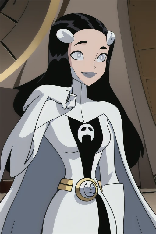 8k,highres,absurdres,masterpiece,best quality,original,extremely detailed CG,extremely detailed wallpaper,perfect, Phantom girl, Tinya Wazzo, solo, girl1, long black hair, . grey eyes, smile, white hair ornament, ghost logo, grey lips, belt, white cape, white gloves, best quality, masterpiece, cowboy shot, park