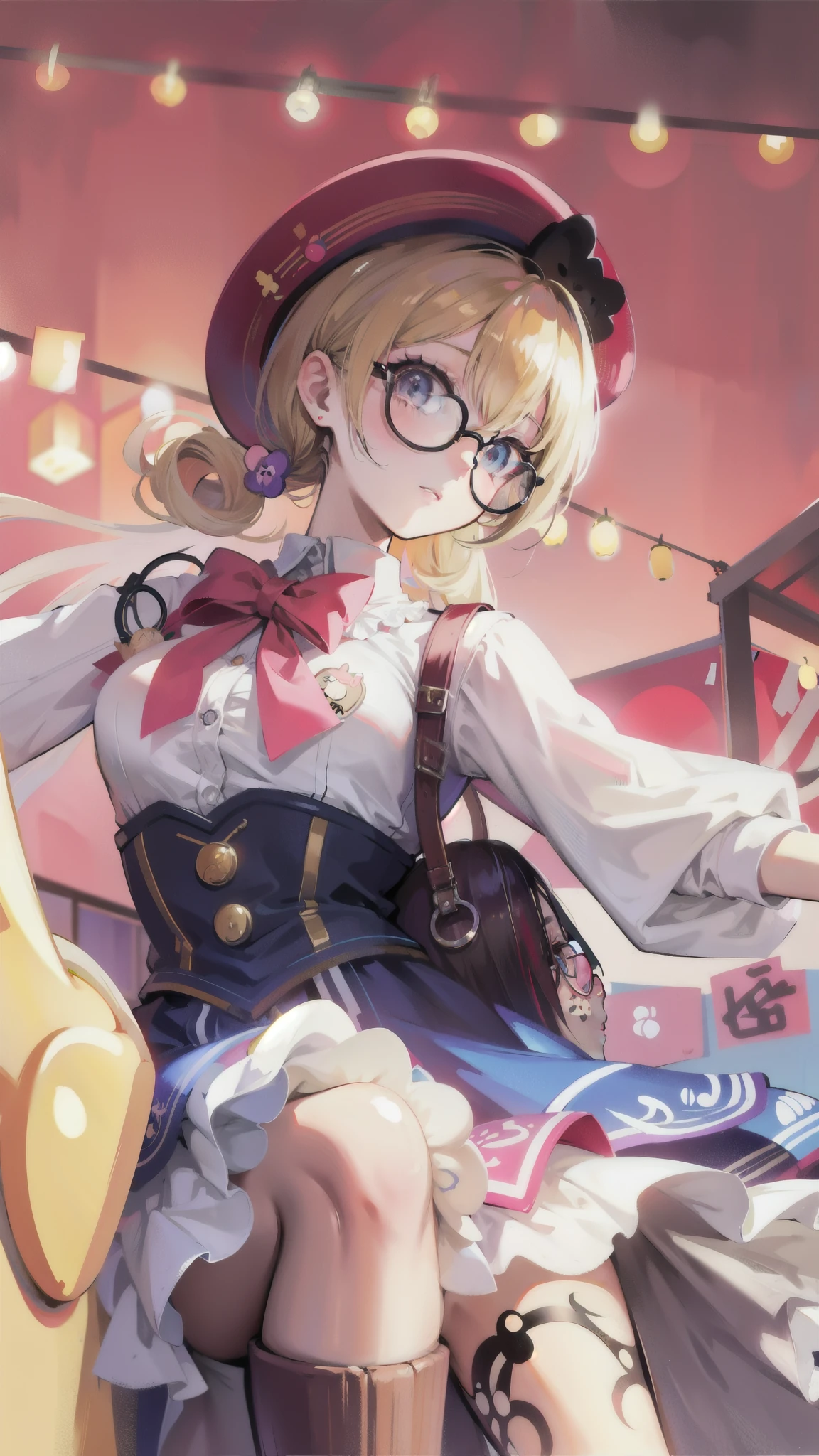 a 2D anime girl with blonde hair in pigtails, happy expression, wearing round glasses such as Nobita glasses, night market theme, Hello Kitty theme, 1girl, detailed face, beautiful detailed eyes, beautiful detailed lips, extremely detailed eyes and face, long eyelashes, anime style, highly detailed, digital art, masterpiece, 8k, ultra-detailed, photorealistic, vivid colors, neon lights, outdoor night scene, lanterns, food stalls, Hello Kitty plushies, soft focus, warm lighting, vibrant colors