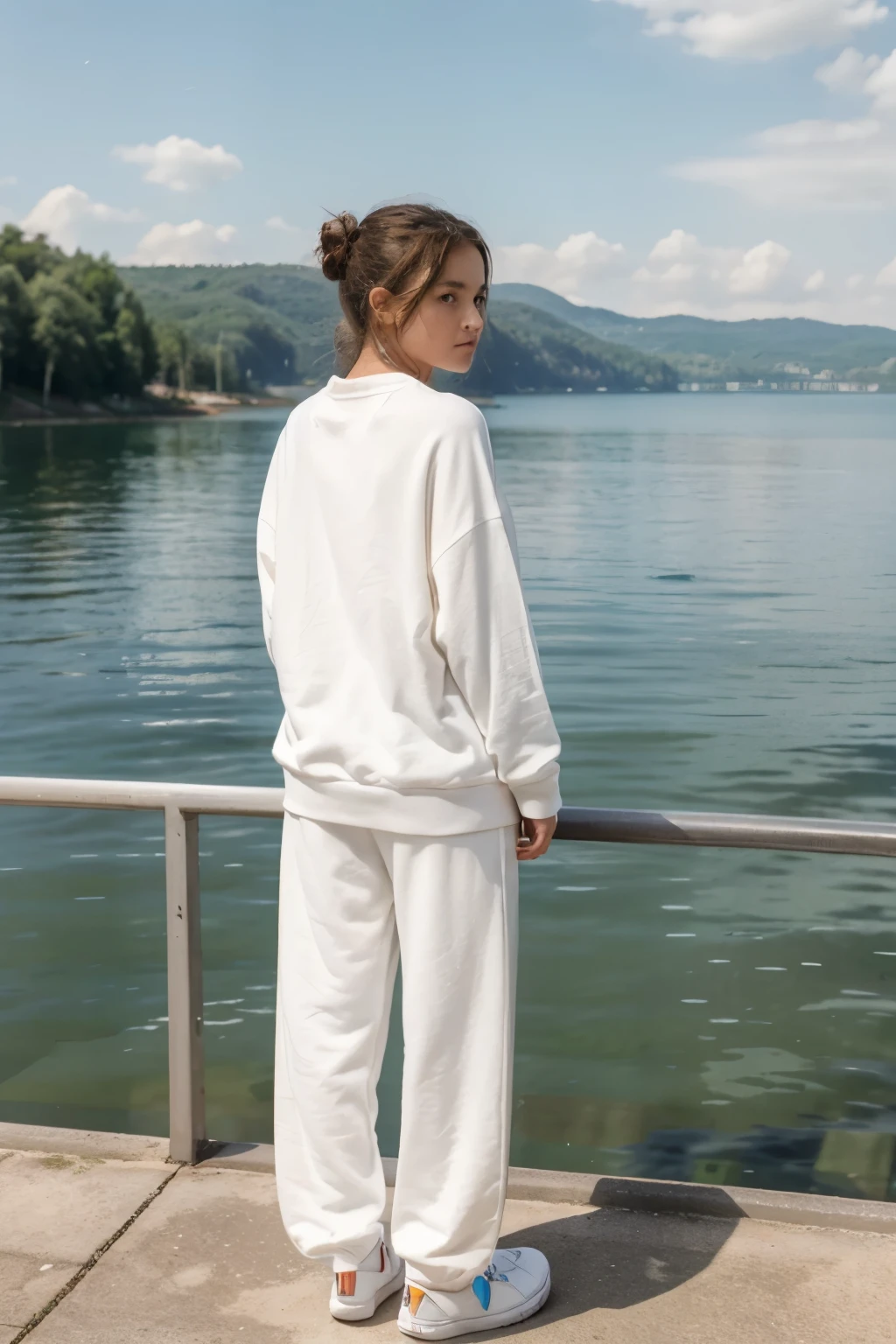 there is a girl that is standing and facing at lake side with her arms out, wearing a plain white sweat shirt white pajama, full body in view, wearing a colorful cool sweat shirt, on the lake, full body wide shot, full body length shot, look, facing lake . back facing only
