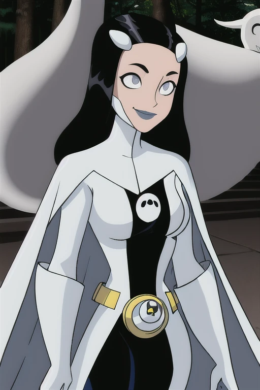 8k,highres,absurdres,masterpiece,best quality,original,extremely detailed CG,extremely detailed wallpaper,perfect, Phantom girl, Tinya Wazzo, solo, girl1, long black hair, bodysuit. grey eyes, smile, white hair ornament, ghost logo, grey lips, belt, white cape, white gloves, best quality, masterpiece, cowboy shot, park, forest