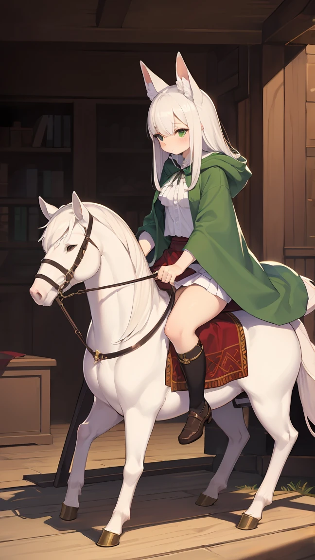 nsfw, 1 female fox, straight long white hair, green cloak, white skirt, riding on rocking horse,, ambient light, full body, masterpiece, high quality, high-details, best quality, 