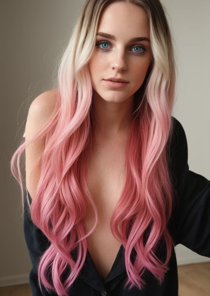 taken with iphone camera BREAK medium shot selfie of a pretty young woman BREAK (ombre:1.3) blonde pink BREAK film grain, medium quality