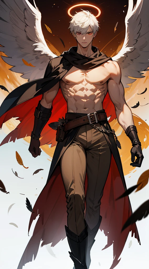 book cover, artistic image, three versions of the character, an angel character, a demon character, human character, Handsome man, white hair, very short hair, ((crew cut: 1)), red eyes, fair skin, (( muscular: 1)), man, 28 years old, muscular, in good shape, muscular. no shirt, gold details, brown leather shawl, baggy gray pants, black and brown belts, black boots, brown gloves, lots of belts, red halo, halo behind the head, feathers flying, horns on the head, feathers falling, angel transformation, transformation Demon, human will not transform, three transformations, black feathers, white feathers, elemental power of light, elemental power of shadow, a seraph of chaos, several skeleton hands, power of death, power of life.



