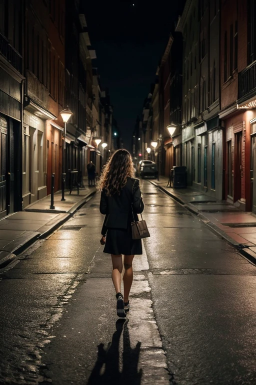 A lonely street at night, with an attractive girl with wavy hair walking with a small briefcase and a little far away a shadow stalking her 