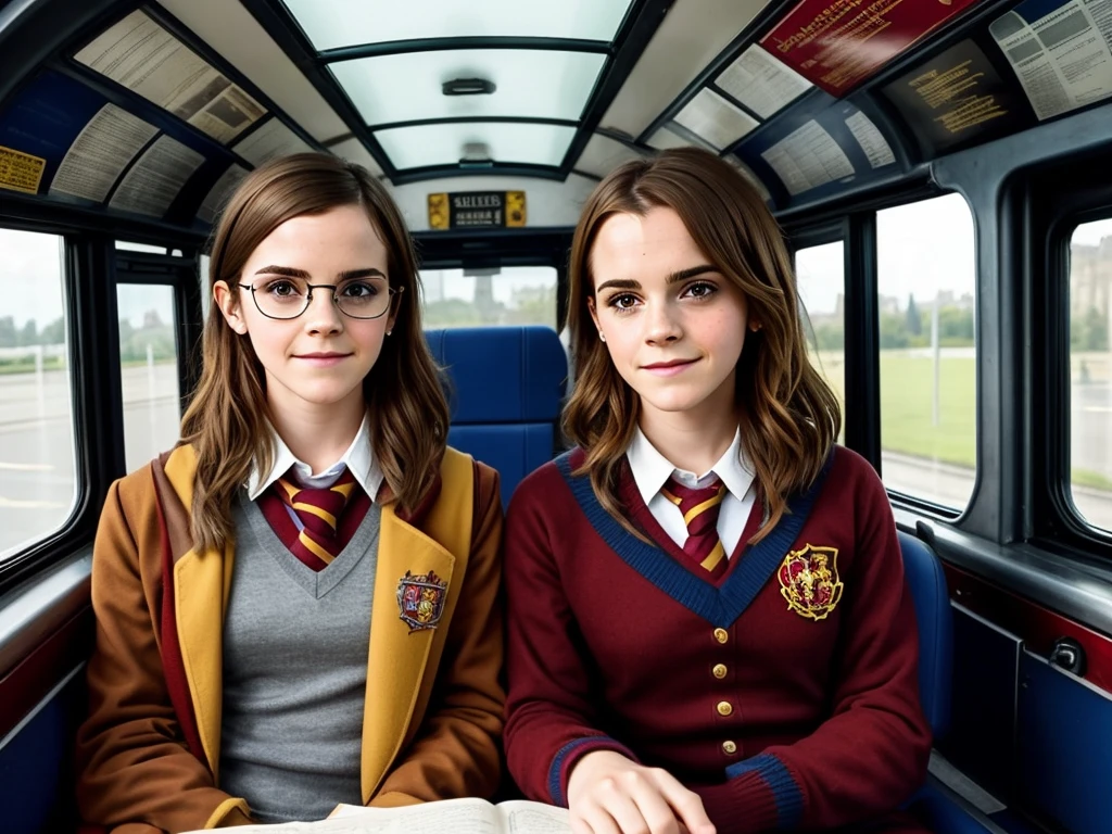 Emma Watson in her 20's wearing Hermione Granger Uniform from harry potter and Daniel Radcliffe with specs in his 20's wearing Gryffindor uniform from Harry Potter. they both together sit on a bus driver cockpit smiling and Emma Watson is holding the steering wheel. There is window on the bus, the window on the bus have hogwarts castle in the background. Can see the seat and the steering wheel of the bus
