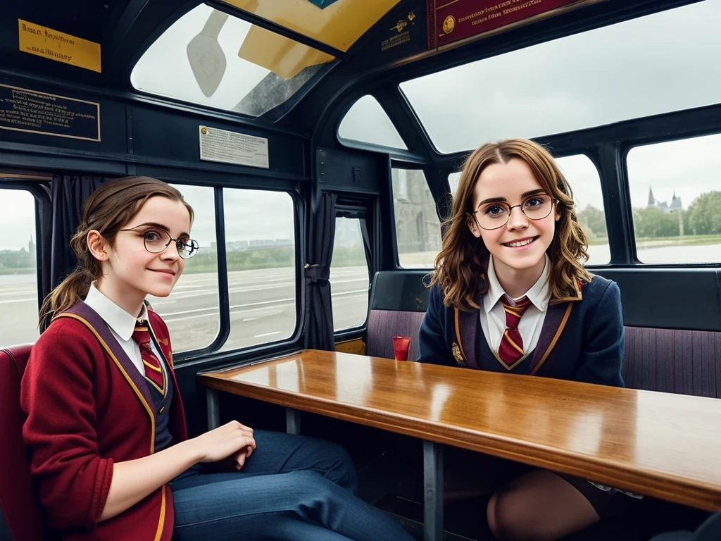 Emma Watson in her 20's wearing Hermione Granger Uniform from harry potter and Daniel Radcliffe with specs in his 20's wearing Gryffindor uniform from Harry Potter. they both together sit on a bus driver cockpit smiling and Emma Watson is holding the steering wheel. There is window on the bus, the window on the bus have hogwarts castle in the background. Can see the seat and the steering wheel of the bus