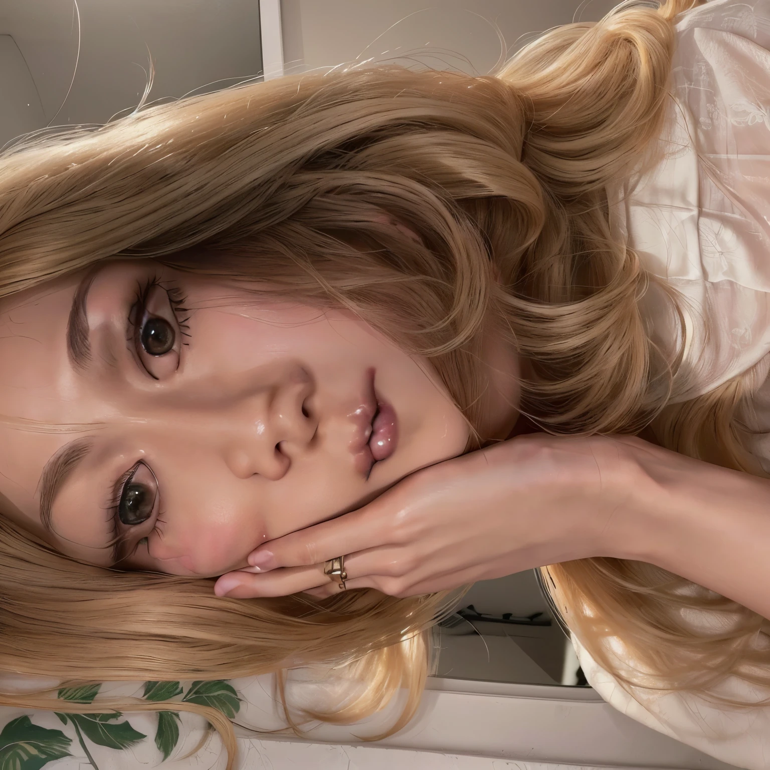 Blonde woman with long hair posing in front of the mirror with her hand on her face., lalisa manobal, CL, nodded, sexy face with full makeup, roseanne park by blackpink, asian face, portrait of kim petras, Lalisa Manoban of Blackpink, sensual look, Ava Max, with professional makeup, very pretty face
