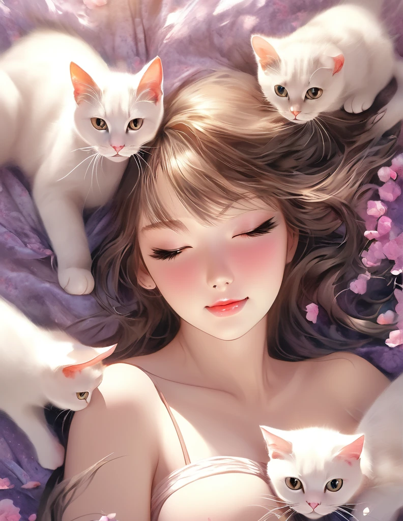 (Harem Manga style:1.2) , Hallucination, daydream , nightmare , Insane Dream , bokeh , erotica , romance , nudity girl and realistic cat , Petals fluttering down , (Single eyelids, round nose, swollen cheeks) , glossy lips , Collarbone , Hair blowing in the wind , Goddess of lust , lying back , (hide crotch by cats:1.5) , (hide nipple by cats:1.5) , (close up cat:1.1) , spread legs , bra