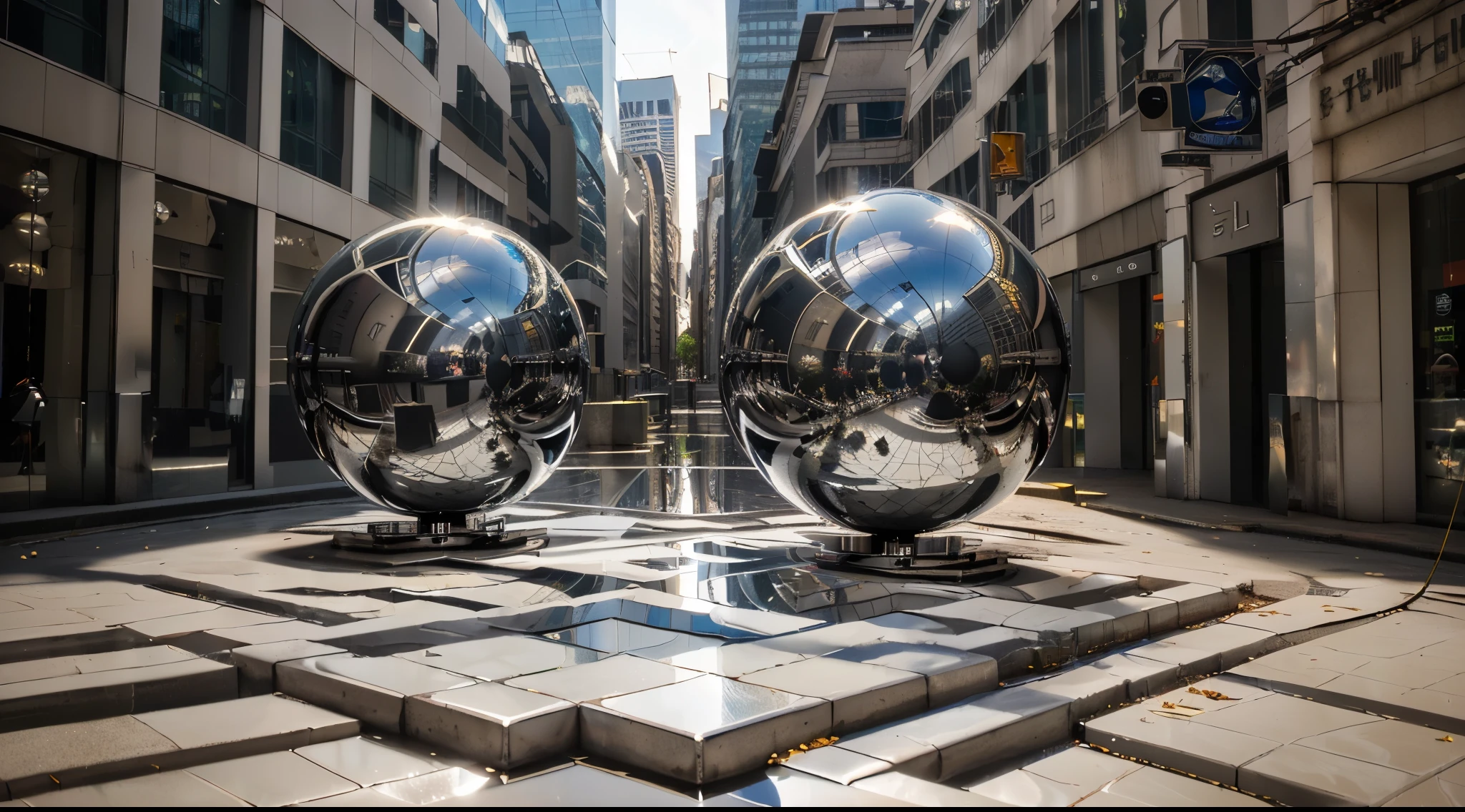there are two large balls that are sitting on the ground, chrome reflections, metalic reflections, realistic metal reflections, in the middle of the city, metalic reflection, reflected chrome, sao paulo, glossy reflections, harmony of the spheres, by Etienne Delessert, ray tracing reflections, shiny glossy mirror reflections, 3 d reflections, shiny reflective surfaces