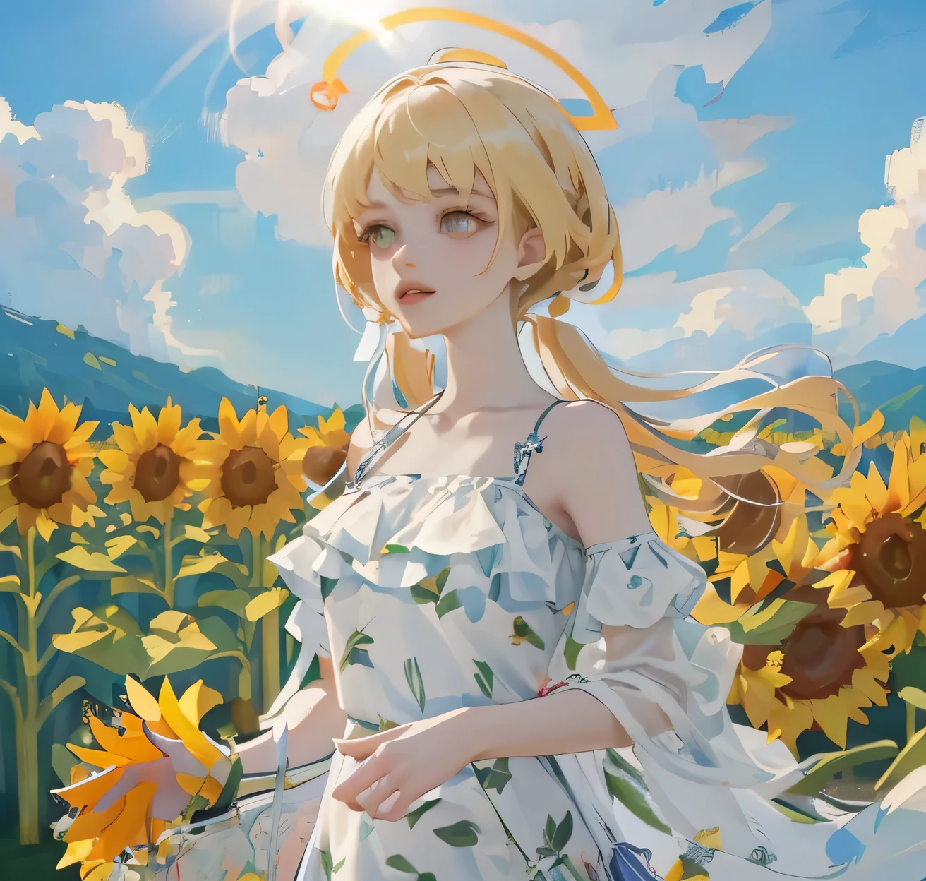 (high quality) (best quality) (a woman) (correct physiognomy) Woman, blonde hair with bangs on her forehead, Flower crown on her head, green eyes, tender lips, middle age, olive green summer dress with print of flowers, location of the photo, the woman must be in the middle of a field of sunflowers, lighting of the photo: sunlight, proportion from head to hips..