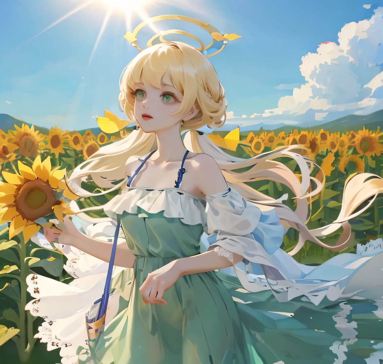 (high quality) (best quality) (a woman) (correct physiognomy) Woman, blonde hair with bangs on her forehead, Flower crown on her head, green eyes, tender lips, middle age, olive green summer dress with print of flowers, location of the photo, the woman must be in the middle of a field of sunflowers, lighting of the photo: sunlight, proportion from head to hips..