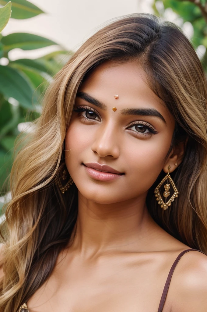 The face of an Indian woman with fair skin and brown-blonde hair. She has striking almond-shaped eyes, a straight, delicate nose, and full lips that curve into a gentle smile. Her brown-blonde hair frames her face in soft waves, with subtle highlights that catch the light. Her eyebrows are well-defined, accentuating her expressive eyes, and her complexion is clear and radiant, reflecting her natural beauty.