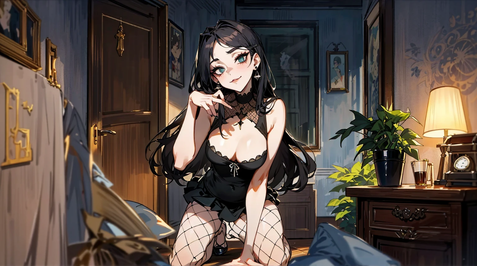 (best quality,masterpiece:1.2,detailed details,4k),A dim old apartment, a small birthday cake on an old wooden table, a modern apartment, an alarm clock on the wall, an anime scene,
A girl with modern gothic makeup, fair skin, modern clothes, black eyeshadow, a tank top, a sexy body, earrings and lip studs, fishnet stockings, posing in an attractive pose, kneeling on the wooden floor, a loving expression
Upward shot