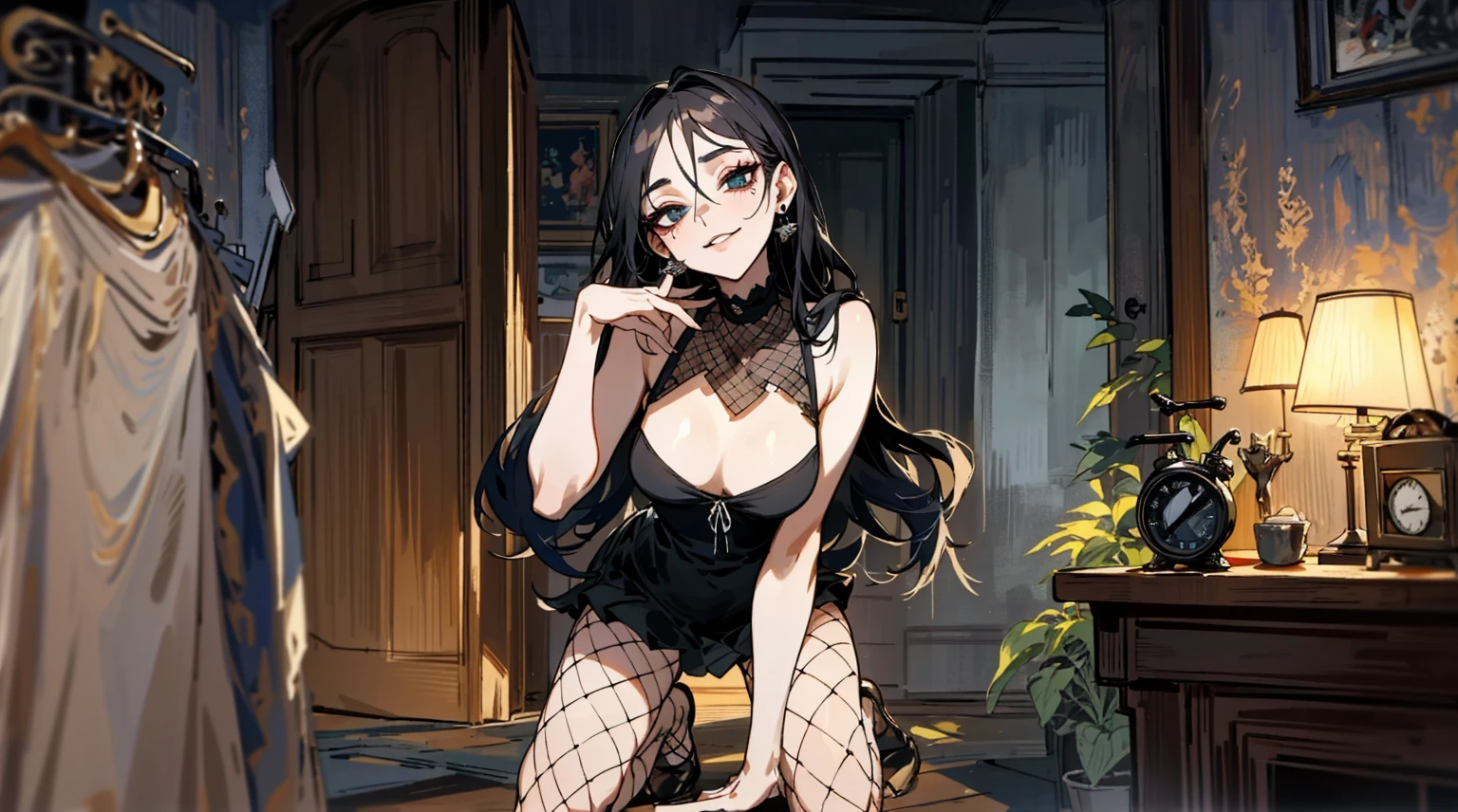 （best quality，masterpiece：1.2，detailed details，4k），A dim old apartment, a small birthday cake on an old wooden table, a modern apartment, an alarm clock on the wall, an anime scene,
A girl with modern gothic makeup, fair skin, modern clothes, black eyeshadow, a tank top, a  body, earrings and lip studs, fishnet stockings, posing in an attractive pose, kneeling on the wooden floor, a loving expression
Upward shot