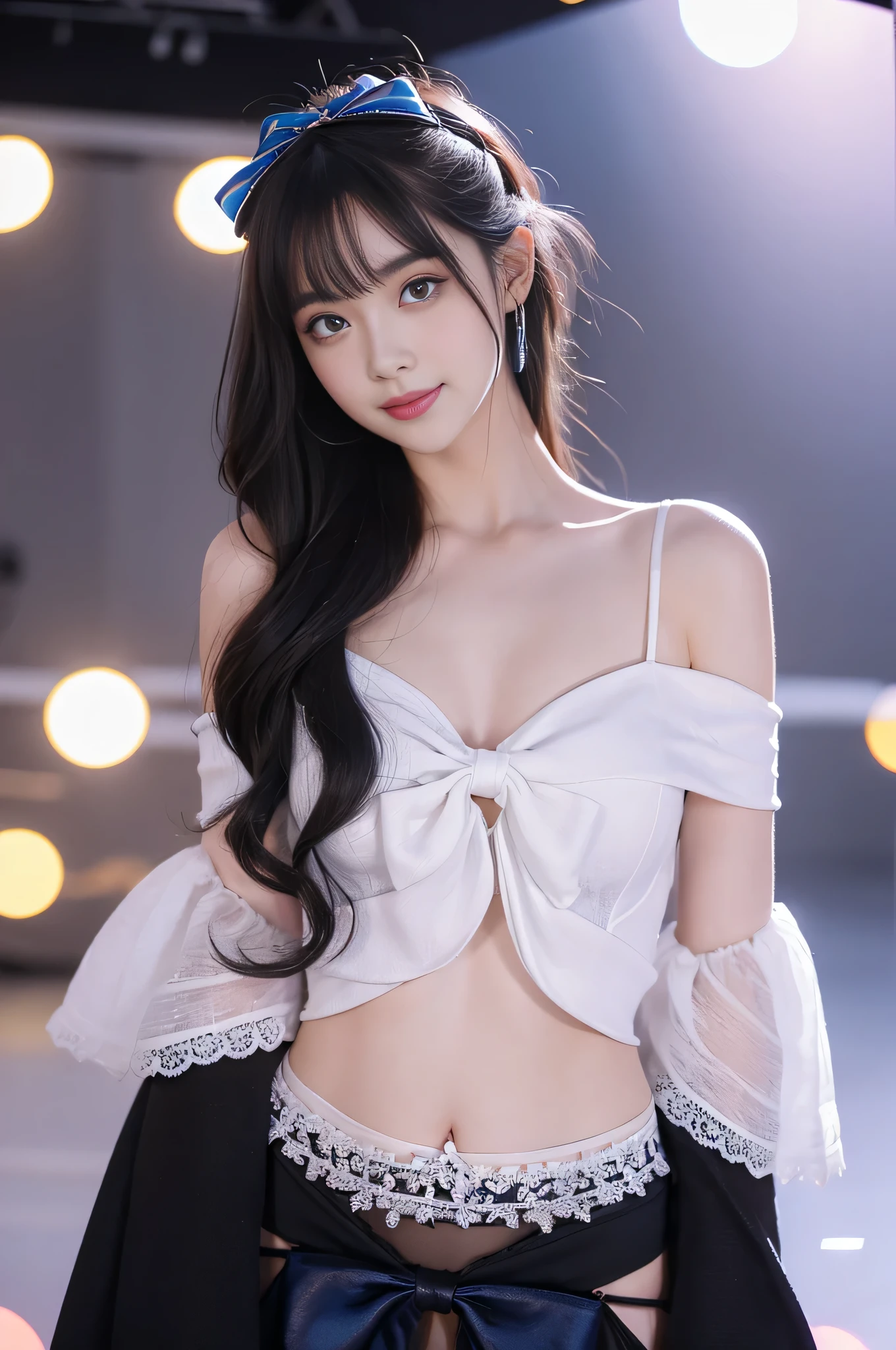 girl，single，Long hair，Looking at the audience，Bangs，blue eyes，Bow，Ribbon，whole body，Black hair，Bow，Low-cut clothing，Off-shoulder clothing，Lips，eyelash，蓝Bow，白Bow，Lace，curls，lifelike，Smiling， Clothes，Colorful particles，Large Breasts，