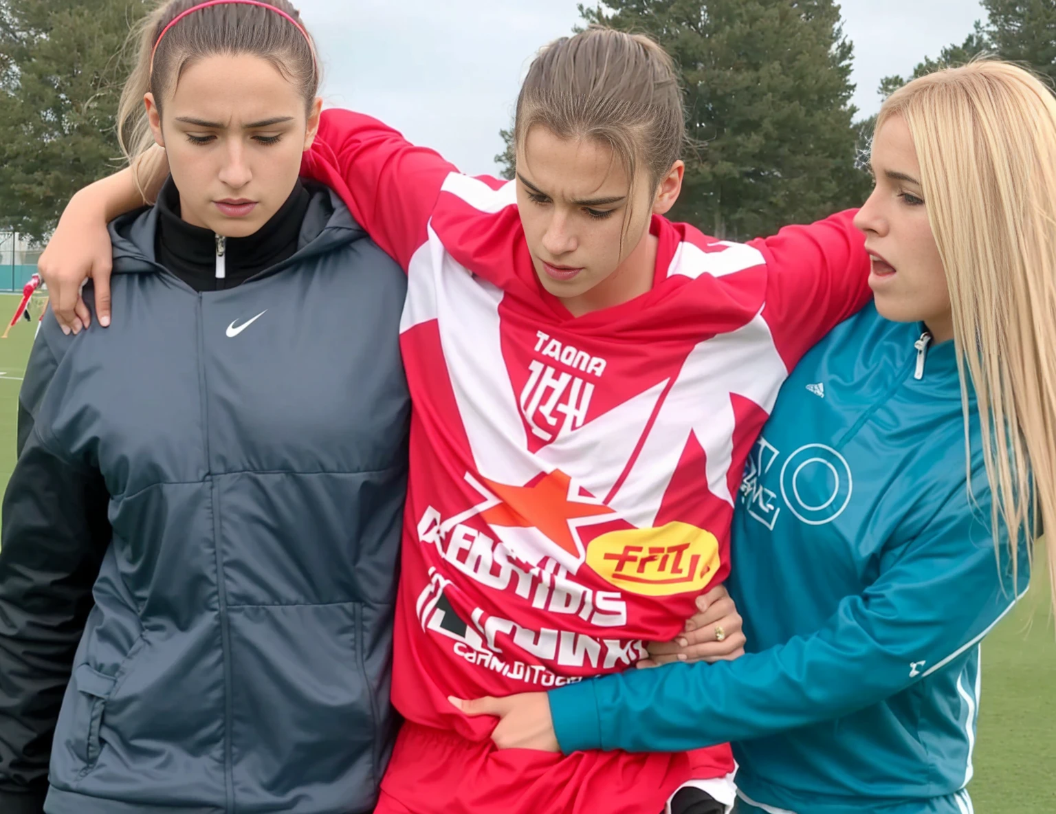 there are two women and a man standing on a soccer field, two long haired and made up women in extremely shiny and wetlook laquered coats support an injured arab male soccer player with short dark hair, wining, very sad, sport, super realistic, photorealistic, photo shoot, sports photography, injured, an injured male soccer player in red cotton sportswear cannot walk on his own due to a leg injury and has to be supported by two women, pity scene, dramatic action photo, an injured male soccer player in red cotton sportswear is in pain and is therefore carried off the soccer field by two very horrified looking women