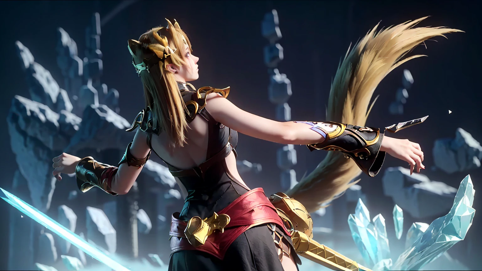 from below,Super Resolution, (Realism: 1.3), 1 (Slim: 1.2) Girl, Solo, Looking at the Audience, League of Legends, Fox, KDA Fox, Blonde Hair, Fox Ears, Fox Tail, Blue Coat, White Top, Black Skirt, Laser, Light Effect, Super Perfect Face, Perfect Eyes, Good Looking, ((Crystal Tail,)) Lots of Tails, Perfect Eyes
