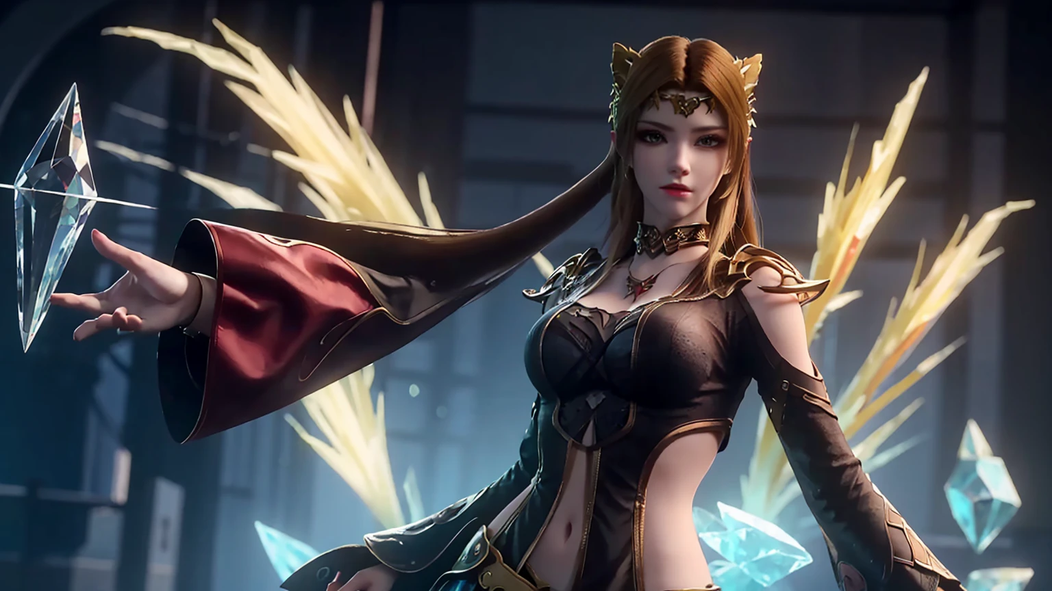 from below,Super Resolution, (Realism: 1.3), 1 (Slim: 1.2) Girl, Solo, Looking at the Audience, League of Legends, Fox, KDA Fox, Blonde Hair, Fox Ears, Fox Tail, Blue Coat, White Top, Black Skirt, Laser, Light Effect, Super Perfect Face, Perfect Eyes, Good Looking, ((Crystal Tail,)) Lots of Tails, Perfect Eyes