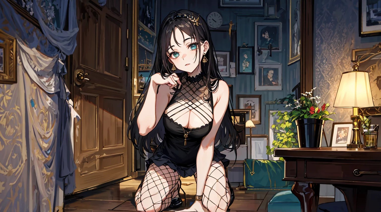 （best quality，masterpiece：1.2，detailed details，4k），A dim old apartment, a small birthday cake on an old wooden table, a modern apartment, an alarm clock on the wall, an anime scene,
A girl with modern gothic makeup, fair skin, modern clothes, black eyeshadow, a tank top, a  body, earrings and lip studs, fishnet stockings, posing in an attractive pose, kneeling on the wooden floor, a loving expression
Upward shot